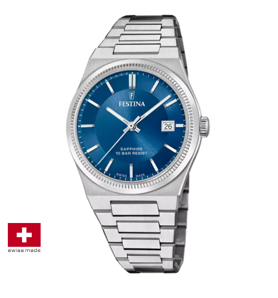 Festina |OROLOGIO FESTINA SWISS SWISS MADE F20034/2 AZZURO CINGHIA ACCIAIO INOSSIDABILE 316L, UOMO