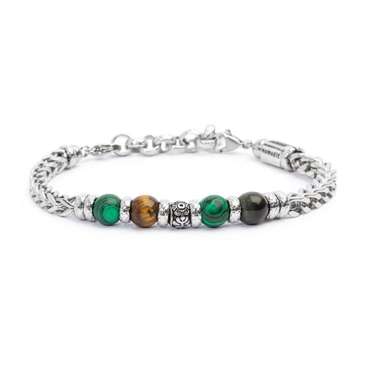 Marlù | Bracciale catena fish bone con sfere malachite e occhio di tigre