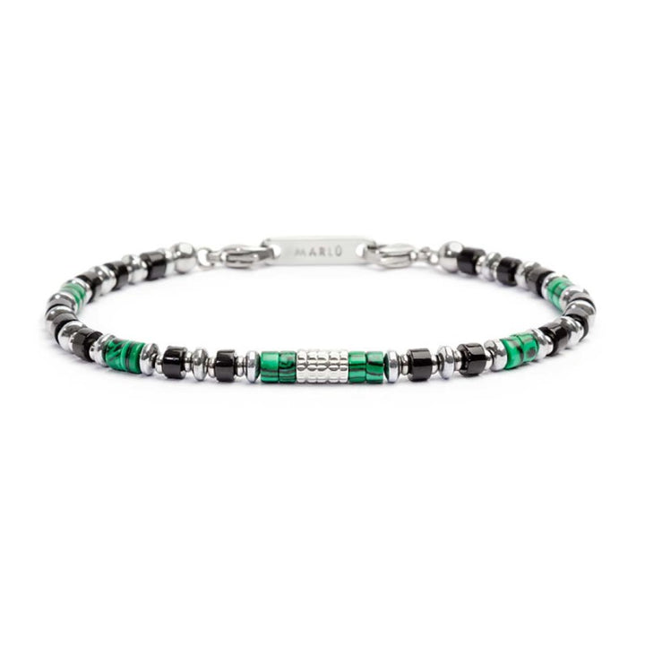 Marlù | Bracciale con rondelle in malachite ed onice nera e cilindro diamantato